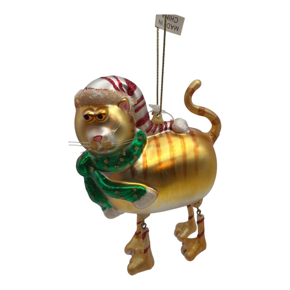 Robert Stanley Ornament Glass Blown Orange Cat Dangle Legs Christmas NWT